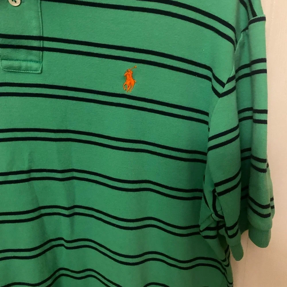 Ralph Lauren Men's Polo Shirt in Green with Navy Stripes